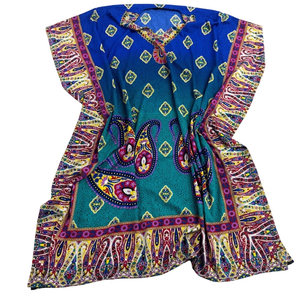 Good Times Blue Green Paisley Boho Print Kaftan Flowy Oversized One SZ Festival